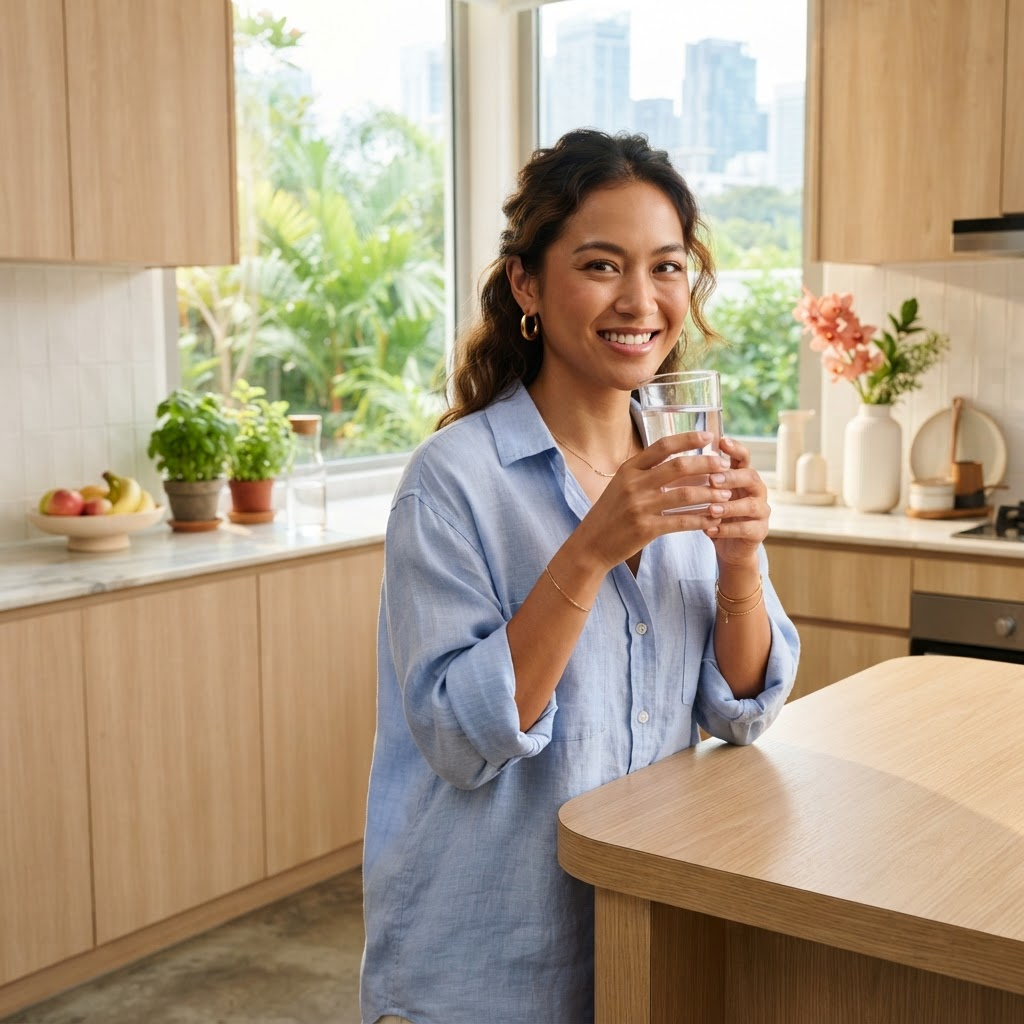Woman holding a glass of water in a bright kitchen